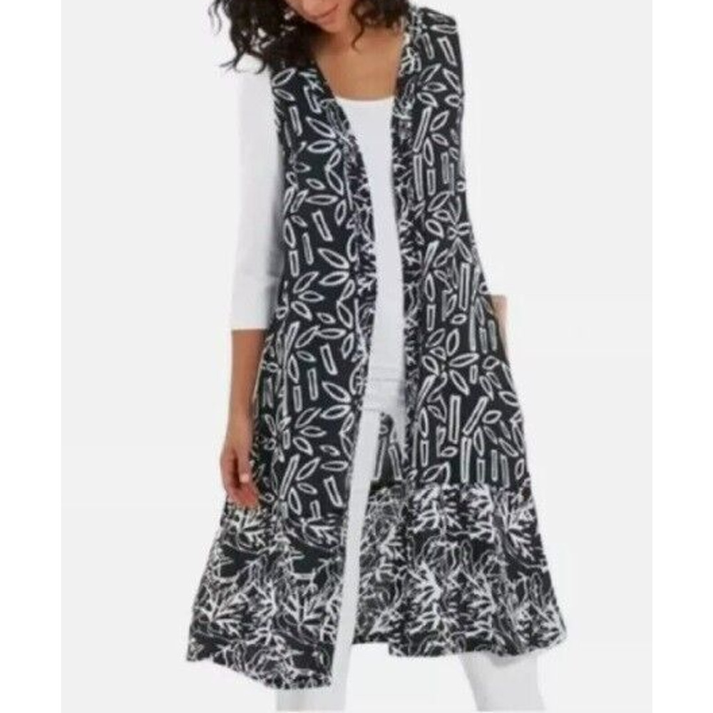 Soft Surroundings Les Bois Duster Long Vest Black White Batik Bamboo Sz M NEW